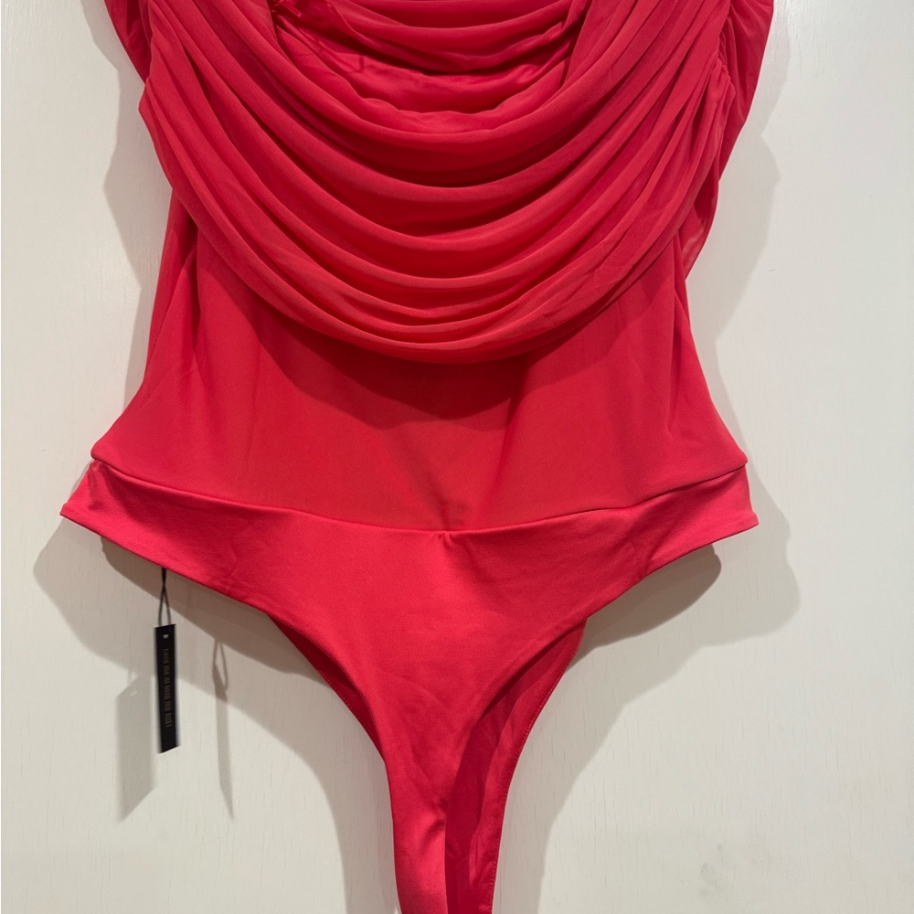 AFRM Strawberry Pink off the shoulder mesh thong bodysuit.